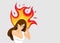 Angry woman with head on fire. Stressed furious businesswoman with burning brain. Exhausted sick tired female manager