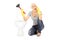 Angry woman holding plunger and talking on phone