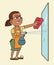 Angry woman housekeeper cleaning glass