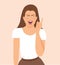 Angry woman threatens with a raised index finger. Vector illustration