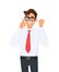 Angry young business man in formal speaking/talking on the mobile, cell or smart phone. Male character gesturing raised hand fist