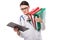 Angry young woman doctor with stethoscope holding binders in her hands in white uniform on white background