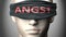 Angst can make things harder to see or makes us blind to the reality - pictured as word Angst on a blindfold to symbolize denial