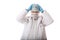 Anguished overwhelmed doctor surgeon during virus pandemic
