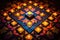 angular view of a bright rangoli design adorned with unlit clay lamps