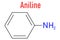 Aniline molecule. Also known as phenylamine, aminobenzene. Skeletal formula.