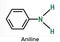 Aniline, phenylamine, aminobenzene, benzenamine, C6H5NH2 molecule. It is primary arylamine, aromatic amine, consisting