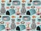 Animal accessories seamless pattern on a light blue background.