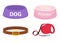 Animal accessories supplies set of icons, flat, cartoon style. Collection of items for dog care with bowl, leash, collar
