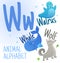 Animal alphabet in vector. W letter. Very cute cartoon animals Walrus,Wolf,Whale.