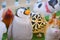 Animal balloons. A lot of helium balloons of animals with selective focus on the penguin balloon