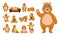 Animal character. Funny bear actions. Happy creature sleeping on wood and eating honey. Forest wildlife. Thinking and
