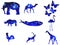 Animal contour with glowing light particles. Double exposure space. Glowing light. Elephant, rhino, whale, giraffe, camel