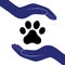 Animal dog paw in people hand, human help encourage vector illustration.