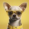 animal dog puppy chihuahua pet white portrait glasses yellow cute background. Generative AI.