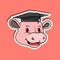 Animal Face Sticker With Hippopotamus Wearing Graduate Hat. Character Design