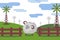 Animal fluffy ram grazes in meadow, farm collection vector illustration. Animal with horns on hilly nature, cartoon wind