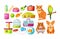 Animal food, accessories and toys domestic store. Pet shop supplies with parrot, hamster, cat, dog. Pet accessories: shampoo, bone