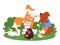 Animal friends reading. Fun animals school, bear fox rabbit read book. Cartoon children wildlife characters in forest