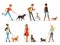 Animal friendship. Happy people walking with funny dogs. Illustrations in cartoon style