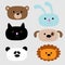 Animal head set. Cartoon bear, rabbit, cat, dog, panda and lion.