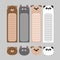 Animal head set. Cartoon kawaii baby bear, cat, dog, panda. Bookmark paper sticker collection. Notepad template. Flat design. Gray