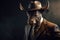 Animal horned bull in cowboy hat gentleman and boss. AI generated.