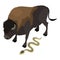 Animal icon isometric vector. Huge brown bison near crawling gray snake icon