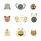 Animal icon set. Cartoons line design pastel colore frog elephant ladybug bear butterfly rabbit chicken