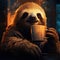 animal illustration of a contented sloth enjoying a cup of coffee by AI generated