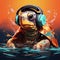 animal illustration of a laid-back turtle wearing headphones, bringing a slow and soothing energy by AI generated