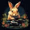 animal illustration of a relaxed bunny listening to vinyl records on a vintage turntable by AI generated