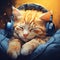 animal illustration of a sleepy cat wearing headphones, capturing the vibe of a lazy day with mellow tunes by AI generated
