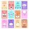 Animal kid card. Cute child greeting and invitation cards for birthday, baby party posters, motivational lettering