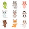 Animal kids collection. Wild crocodile bear penguin fox domestic little cute funny baby animals dog cat goat pig