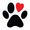 Animal love symbol paw print with heart, isolated vector