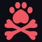 Animal pirate flag with paw and cross bones. Pink funny dog logo on the dark blue background.Vet doodle vector illustration.