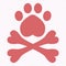 Animal pirate flag with paw and cross bones. Pink funny dog logo.Vet doodle vector illustration.