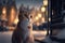 Animal portrait.Cute cat in the london christmas with snow, cinematic light. 3D illustration and 3D Render