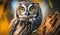 Animal portrait Eagle owl perched on tree branch ,generative AI