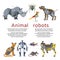 Animal robots inscription, mechanical toy, future technologies, design cartoon style vector illustration, isolated on