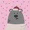 Animal in the Scandinavian style wearing a Santa Claus hat. New Year`s childrens illustration. Cozy bear print