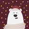 Animal in the Scandinavian style wearing a Santa Claus hat. New Year`s childrens illustration. Cozy bear print. Polar bear