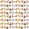 Animal seamless pattern with chicken and rooster. Hand-drawn watercolor illustration, ideal for printing on fabric, packaging.