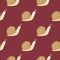 Animal seamless pattern with snails simple silhouettes. Doodle spiral shapes in beige tones on maroon background