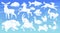 Animal shaped clouds. Cartoon fluffy sky white elements, kids dreamlike imagination, flying bear, horse, deer and bunny