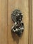 An animal shaped, door handle is on the old wooden