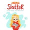 Animal Shelter design poster with child, cat and decorations. Illustration showes animal adoption, care, homeless help