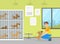Animal Shelter with Dogs in Cages, Male Volunteer Man Caring For Homeless Animals Vector Illustration