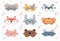 Animal sleep mask set, stock vector illustration. Panda, bunny, cat, rabbit, mouse, fox, bear, raccoon, pig sleep mask